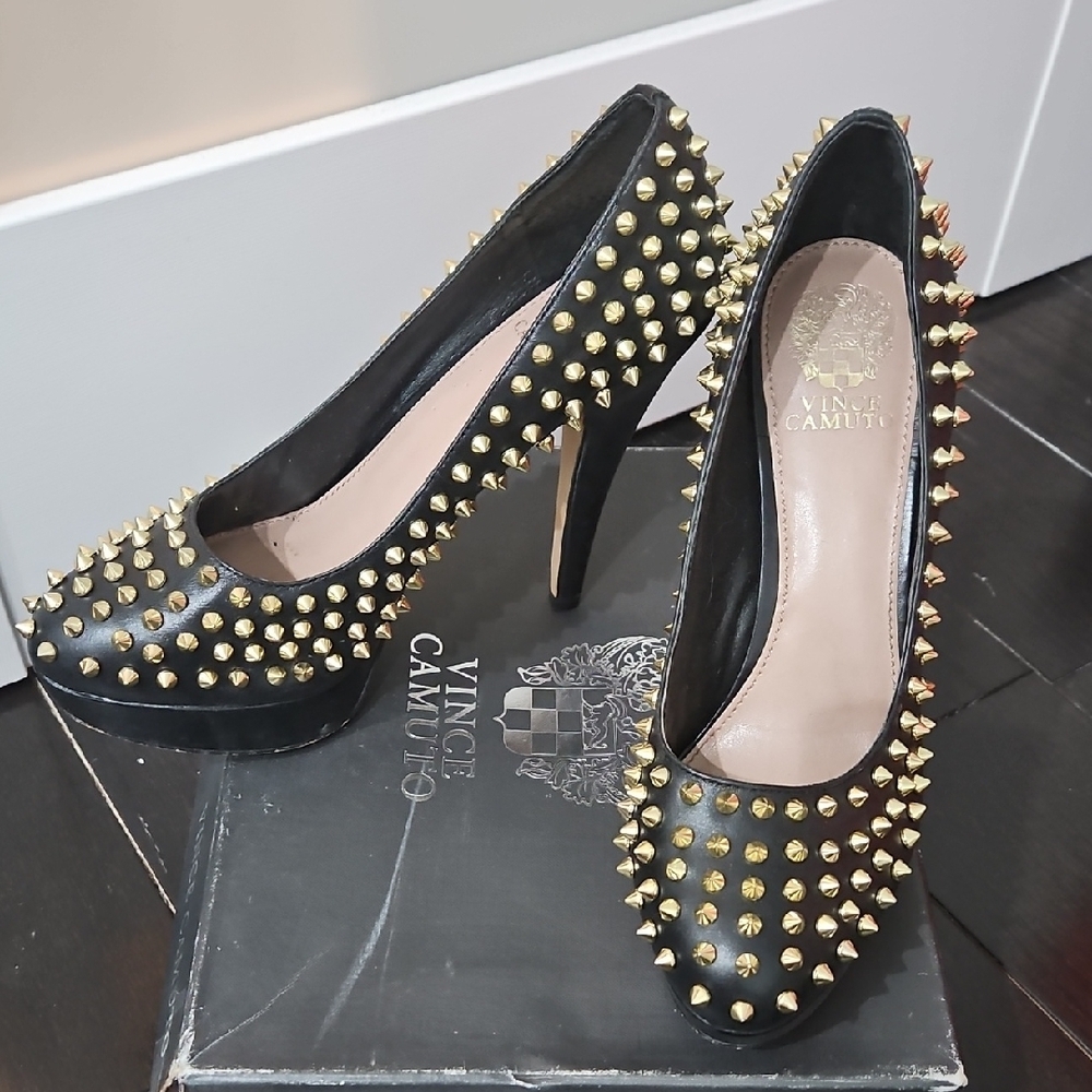 Vince Camuto Black and Gold Studded Women's Heels